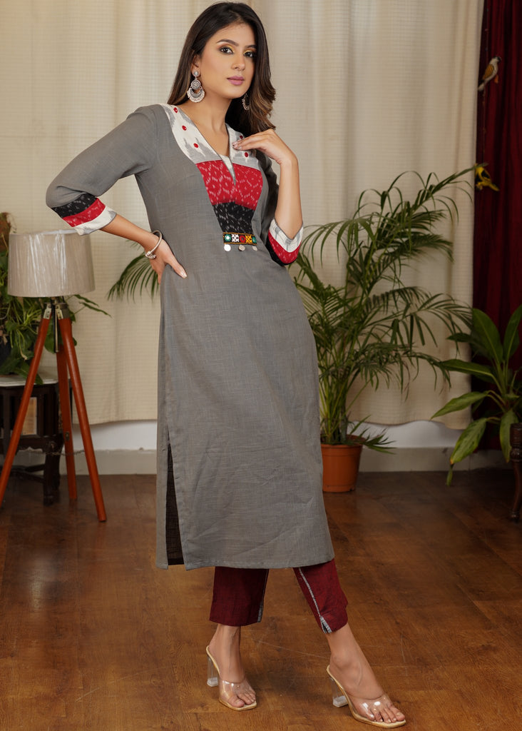 Straight Cut Cotton Ikat Combination Kurta Beautifully embelished with Hand Kutch Mirror Work, Stones and Silver Coins