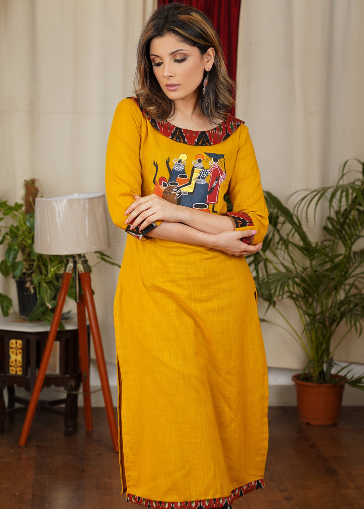 Designer Ikat Combination Cotton Straight cut Kurta With Hand Painted Tribal Art