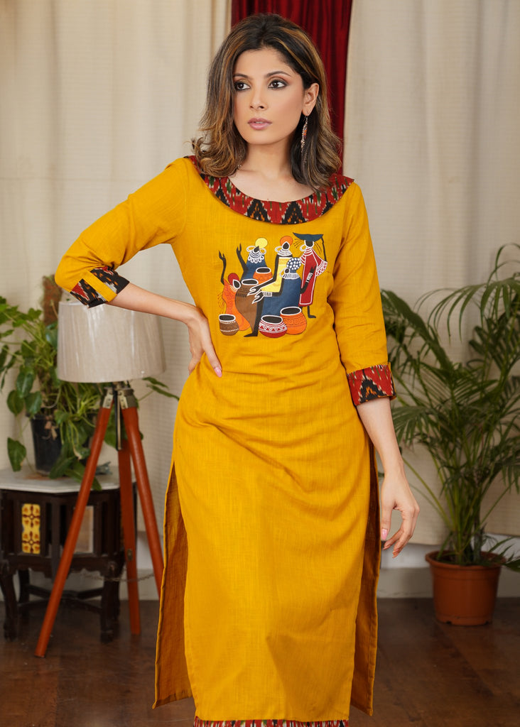 Designer Ikat Combination Cotton Straight cut Kurta With Hand Painted Tribal Art