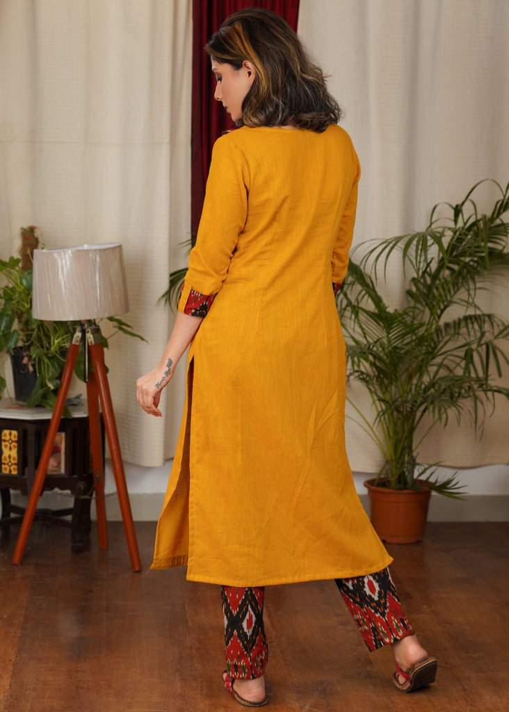 Designer Ikat Combination Cotton Straight cut Kurta With Hand Painted Tribal Art