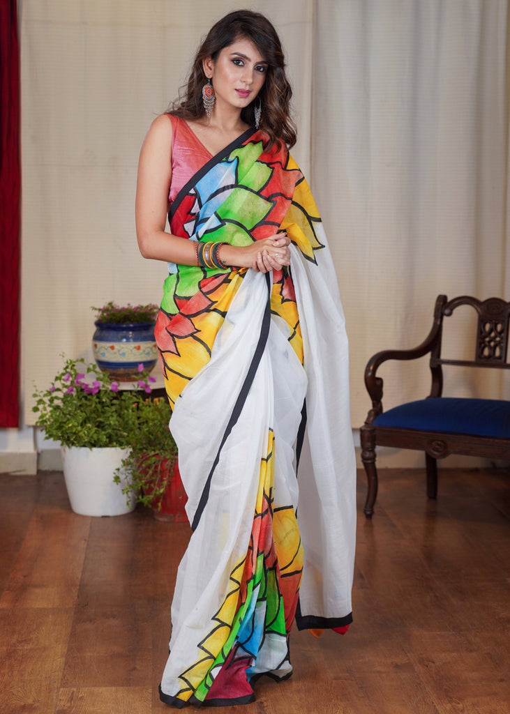 Exclusive white Chanderi saree with beautiful multicolour hand painting