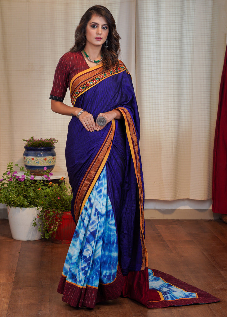 Beautiful Khun blue saree with Shibori pleats and Kutch border