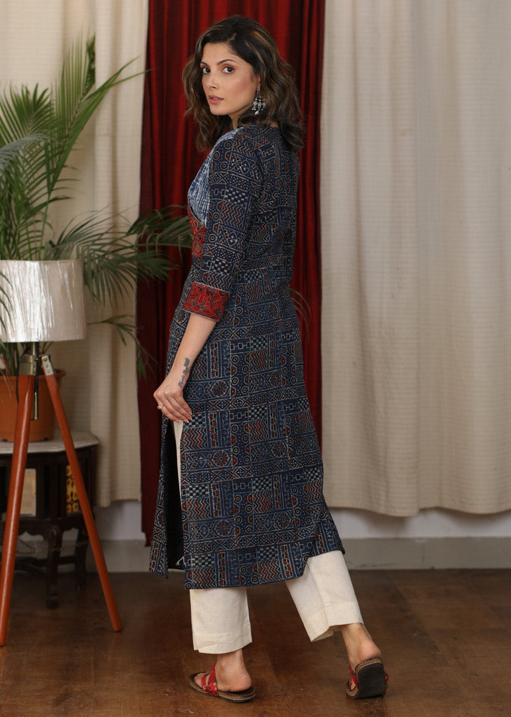 Exclusive Hand Block Printed Natural Color Ajrakh Combination Kurta