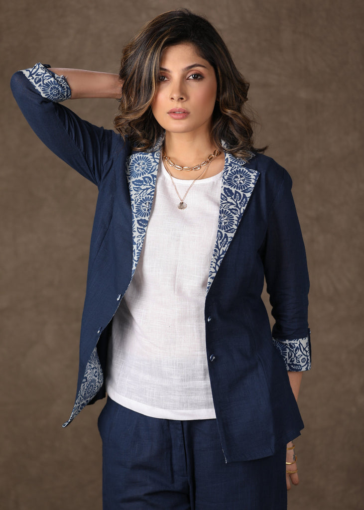 Trendy Cotton Indigo  Blazer Jacket