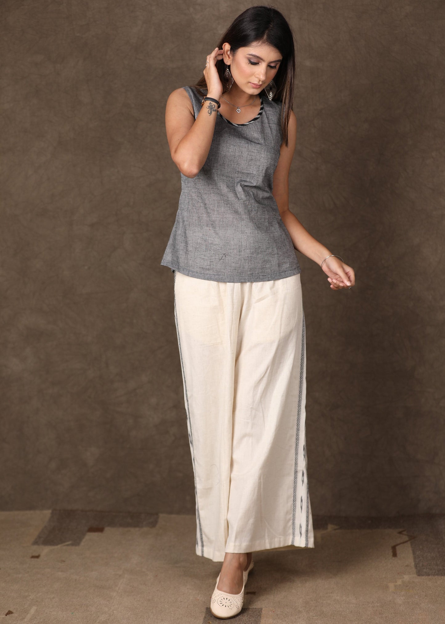 Grey White Combination Front Open Shrug - Top and pant optional