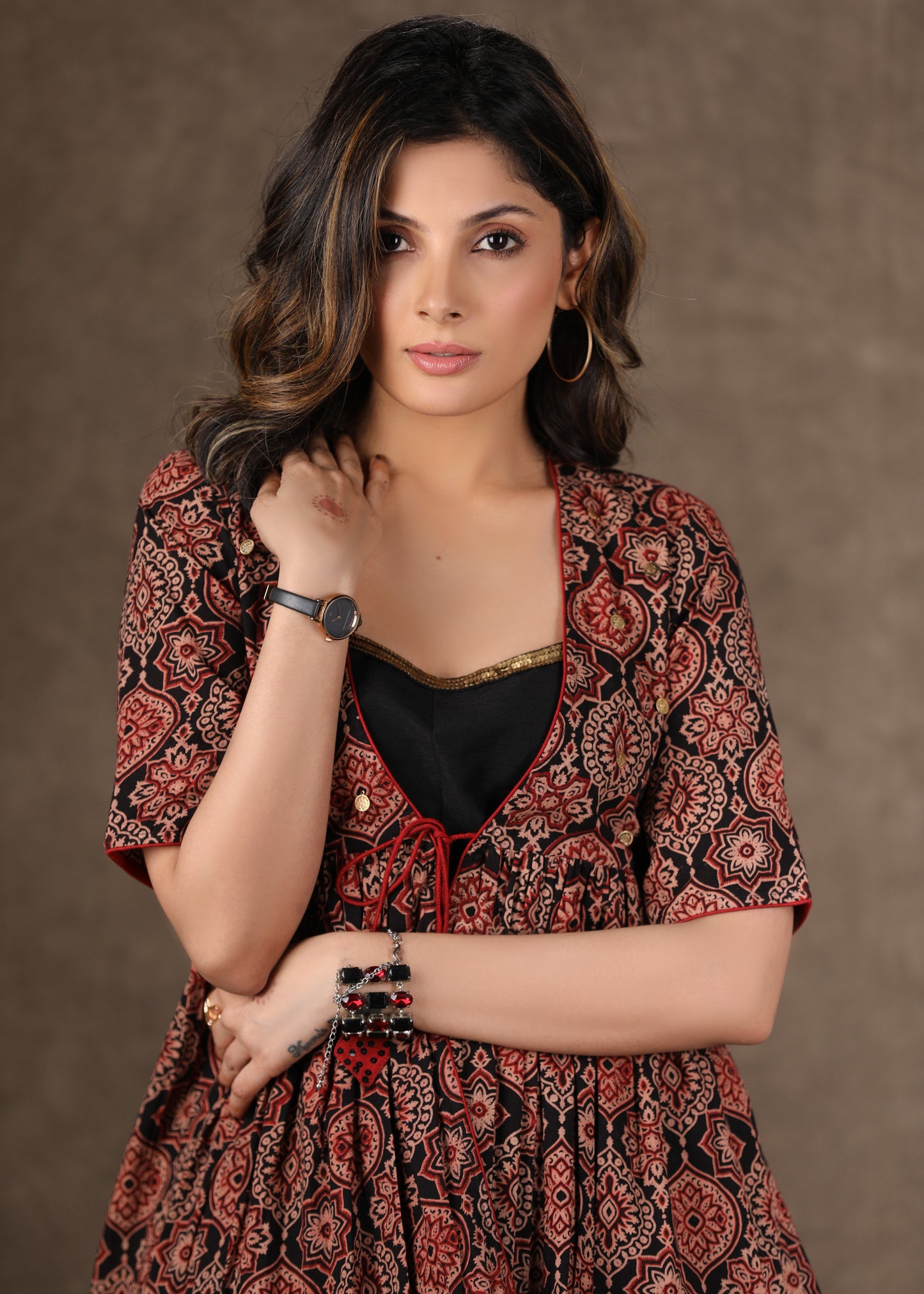 Black Ajrakh Shrug, Cotton Silk Inner with Antique Gold Handwork - 2 Piece (Shrug + Inner)