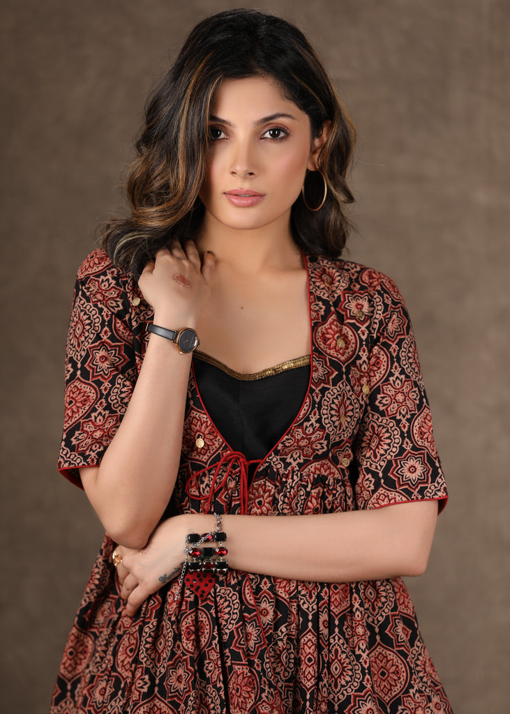 Black Ajrakh Shrug, Cotton Silk Inner with Antique Gold Handwork - 2 Piece (Shrug + Inner)