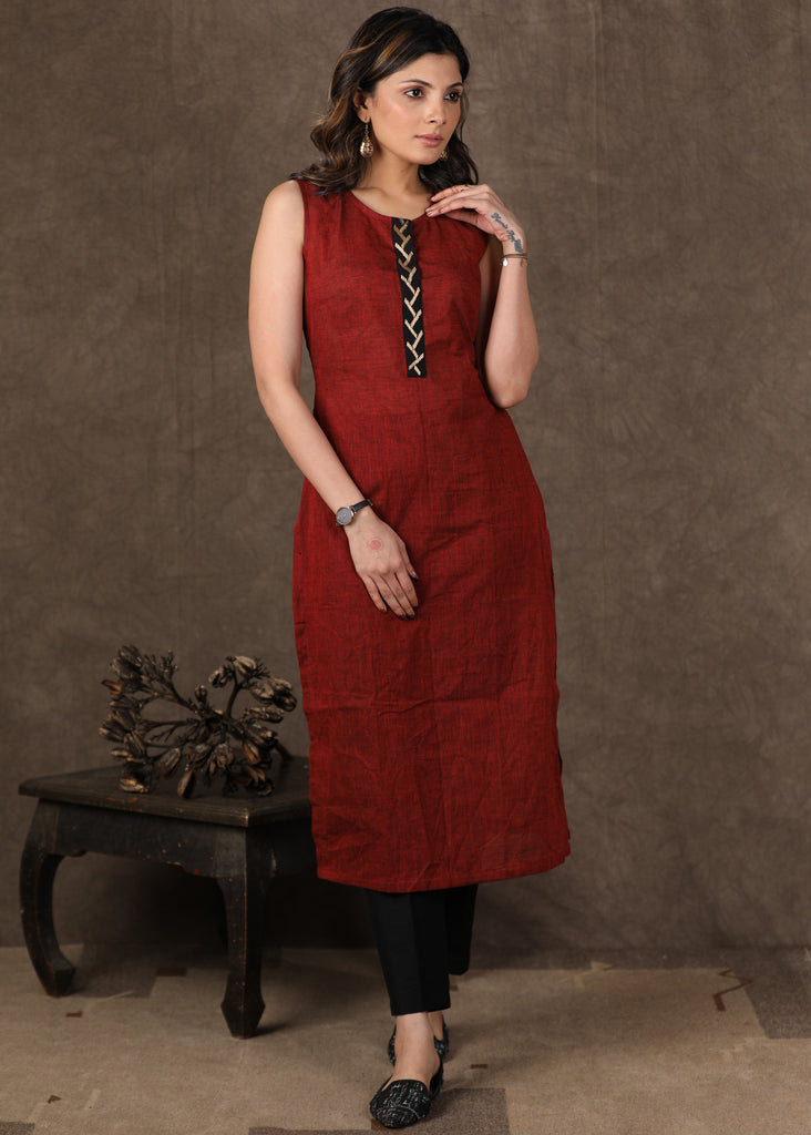 Black Ajrakh Jacket Style Kurta with Maroon Cotton Kurta with Antique Gold Hand Embroidery -2 Piece (Jacket + Inner) Pants Additional