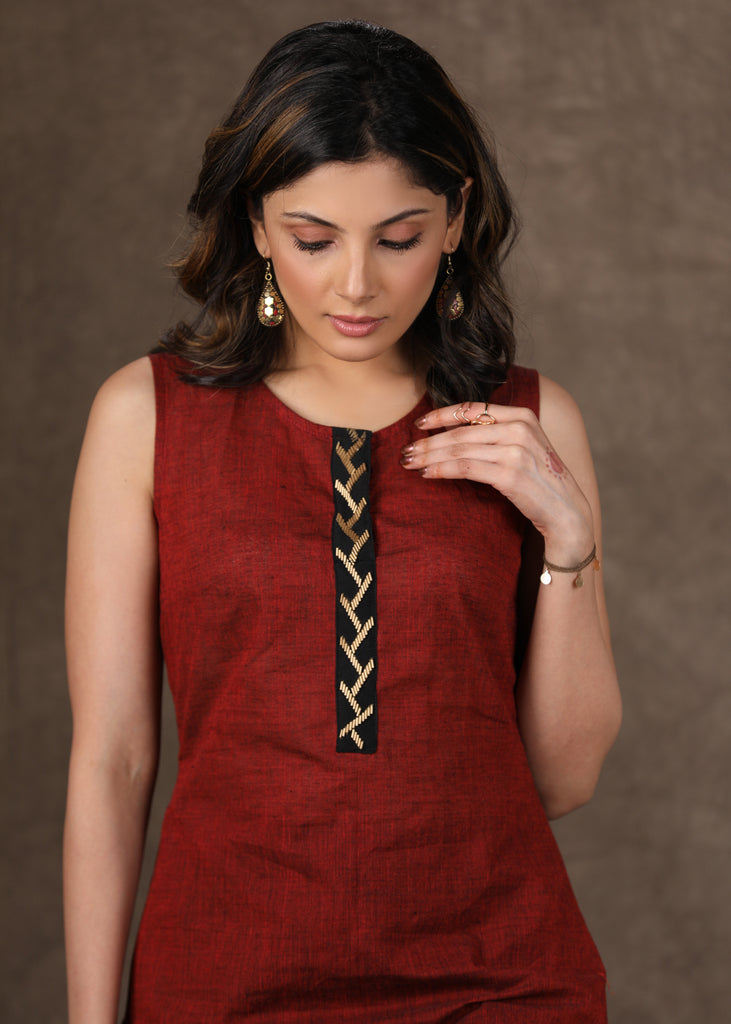 Black Ajrakh Jacket Style Kurta with Maroon Cotton Kurta with Antique Gold Hand Embroidery -2 Piece (Jacket + Inner) Pants Additional