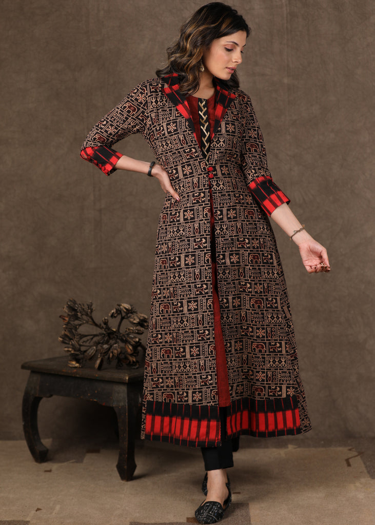 Black Ajrakh Jacket Style Kurta with Maroon Cotton Kurta with Antique Gold Hand Embroidery -2 Piece (Jacket + Inner) Pants Additional