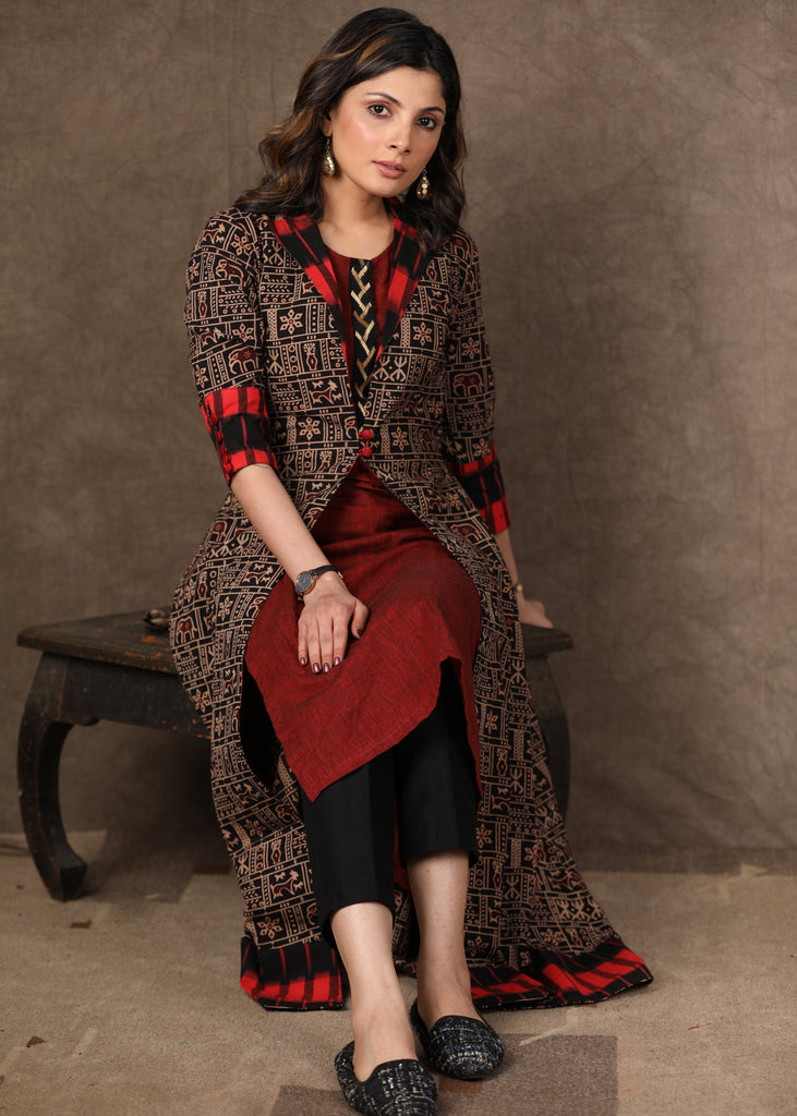 Black Ajrakh Jacket Style Kurta with Maroon Cotton Kurta with Antique Gold Hand Embroidery -2 Piece (Jacket + Inner) Pants Additional