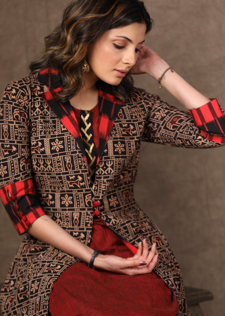 Black Ajrakh Jacket Style Kurta with Maroon Cotton Kurta with Antique Gold Hand Embroidery -2 Piece (Jacket + Inner) Pants Additional