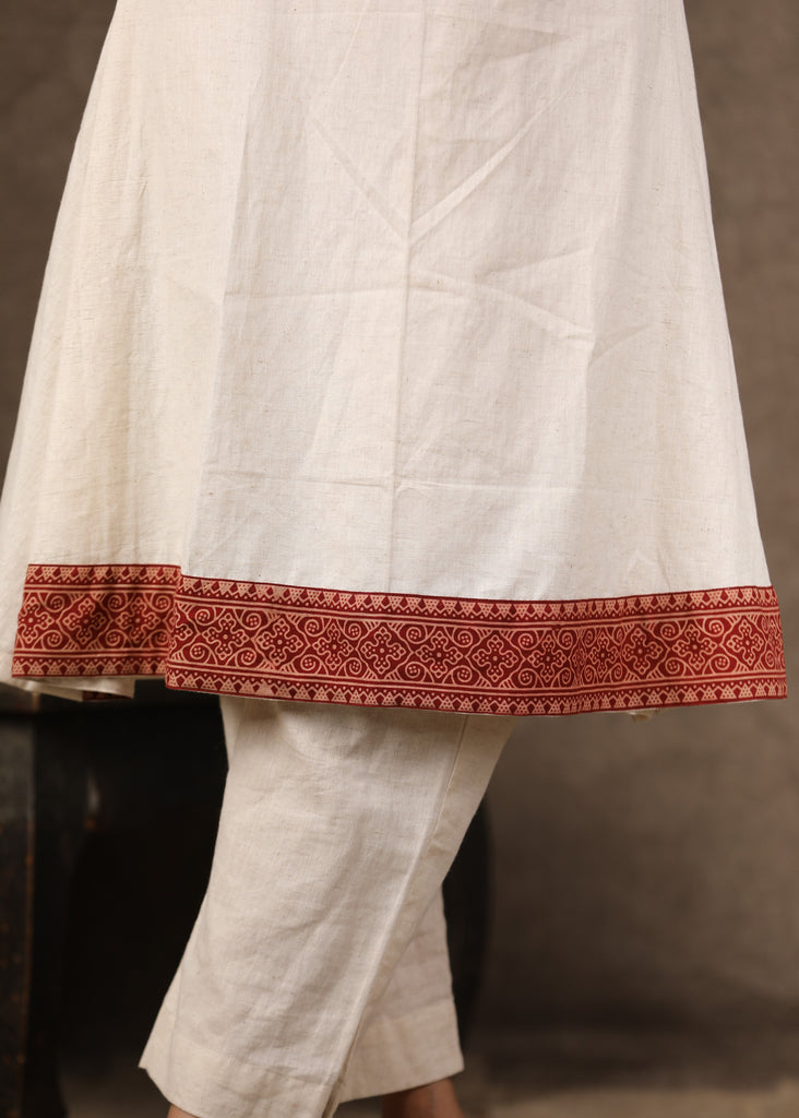 Maroon Ajrakh Jacket and Inside Kurta with Antique Gold Handwork on Both Pieces - 2 Piece (Jacket & Inner Set) Pants Optional