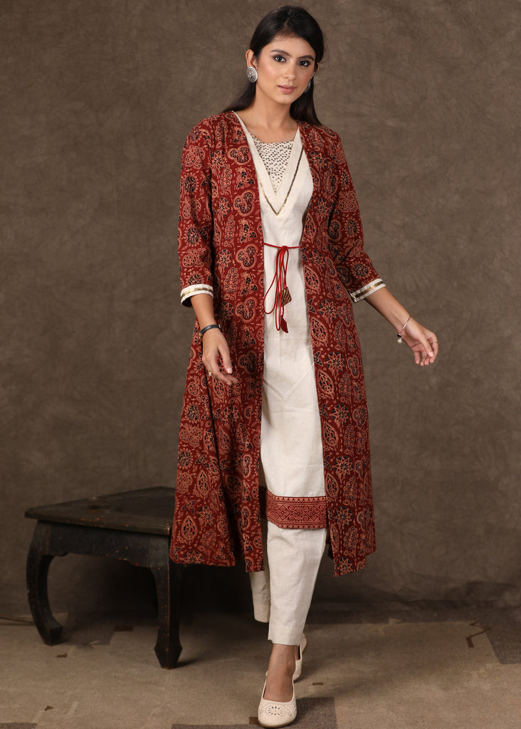 Maroon Ajrakh Jacket and Inside Kurta with Antique Gold Handwork on Both Pieces - 2 Piece (Jacket & Inner Set) Pants Optional