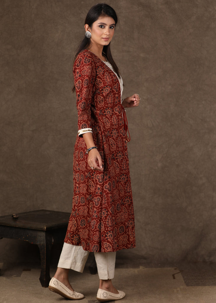 Maroon Ajrakh Jacket and Inside Kurta with Antique Gold Handwork on Both Pieces - 2 Piece (Jacket & Inner Set) Pants Optional
