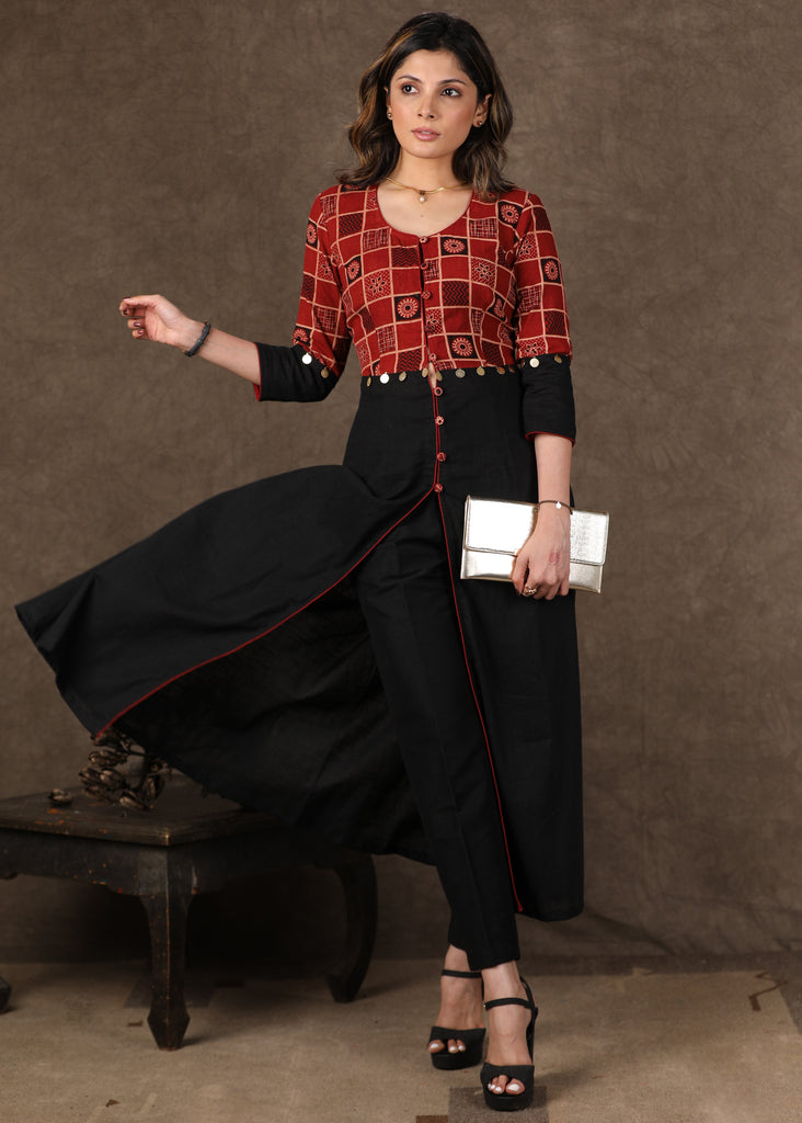 Exclusive Cotton Ajrakh Combination Kurta with Centre Slit and Gold Coin Work