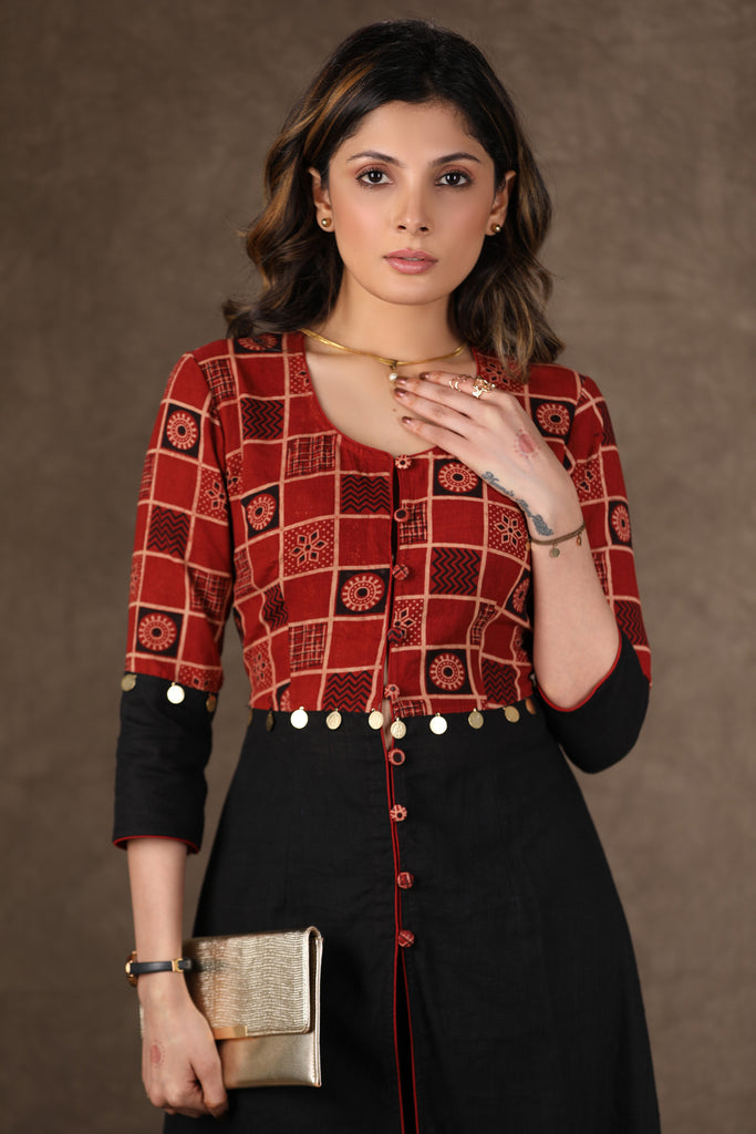 Exclusive Cotton Ajrakh Combination Kurta with Centre Slit and Gold Coin Work
