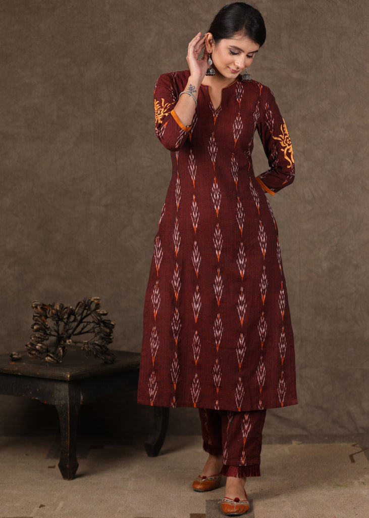 Stylish Maroon Ikat Kurta Pant Set with Cotton Silk Gota Work Jacket - 3 Piece (Kurta. Pants & Jacket Set)