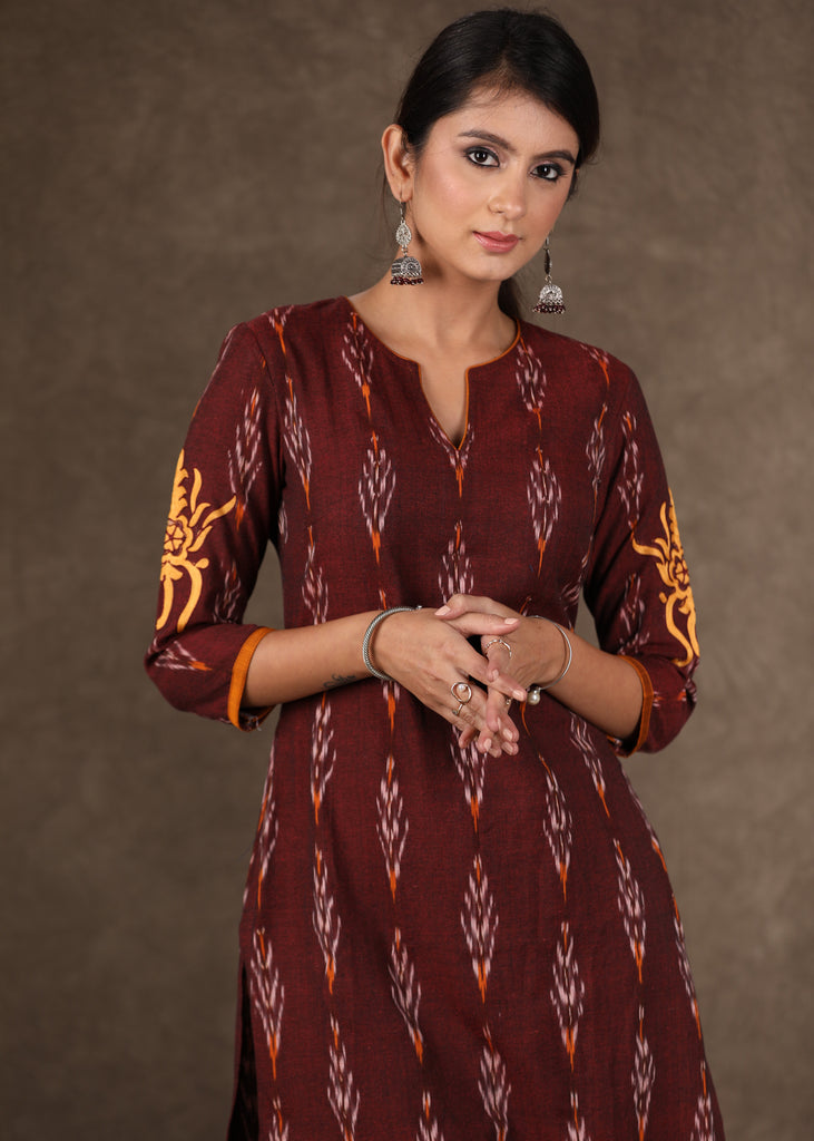 Stylish Maroon Ikat Kurta Pant Set with Cotton Silk Gota Work Jacket - 3 Piece (Kurta. Pants & Jacket Set)