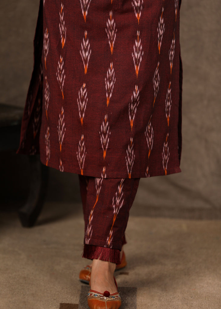 Stylish Maroon Ikat Kurta Pant Set with Cotton Silk Gota Work Jacket - 3 Piece (Kurta. Pants & Jacket Set)