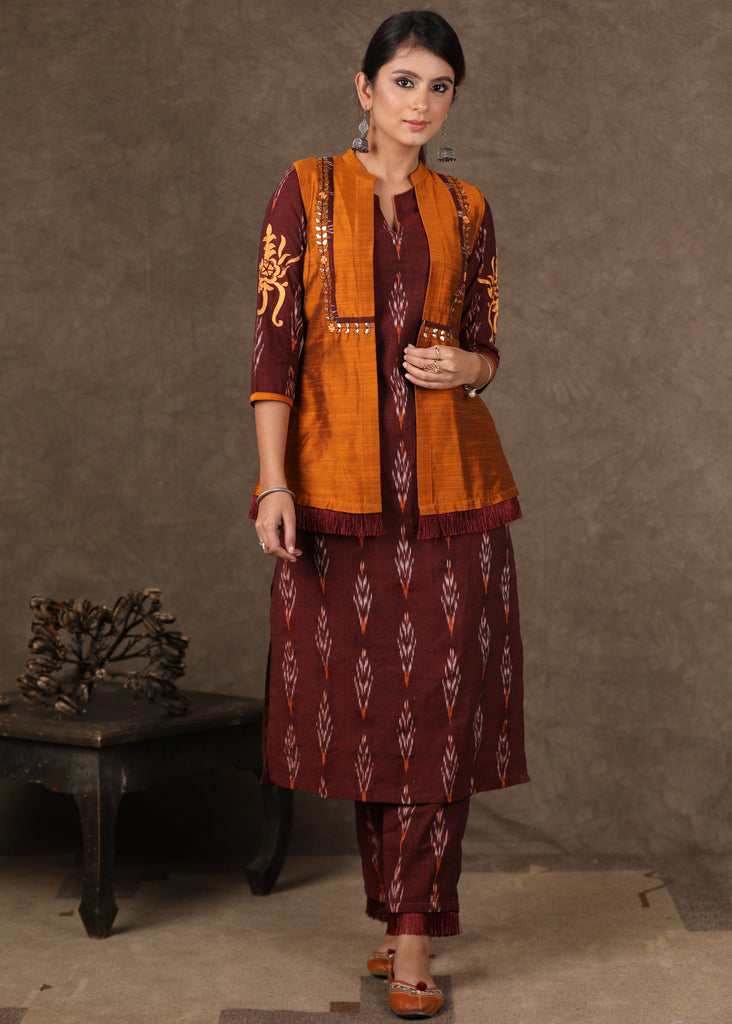 Stylish Maroon Ikat Kurta Pant Set with Cotton Silk Gota Work Jacket - 3 Piece (Kurta. Pants & Jacket Set)