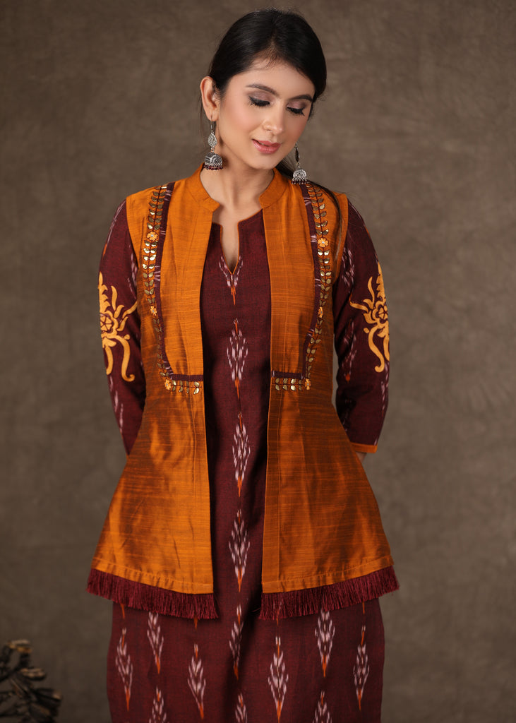 Stylish Maroon Ikat Kurta Pant Set with Cotton Silk Gota Work Jacket - 3 Piece (Kurta. Pants & Jacket Set)