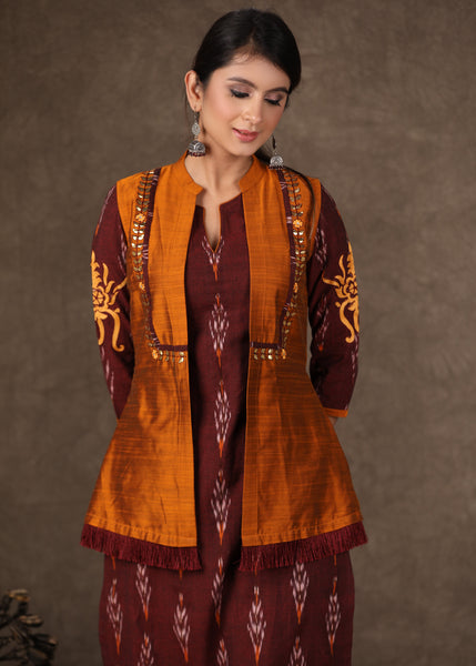 Stylish Maroon Ikat Kurta Pant Set with Cotton Silk Gota Work Jacket - 3 Piece (Kurta. Pants & Jacket Set)