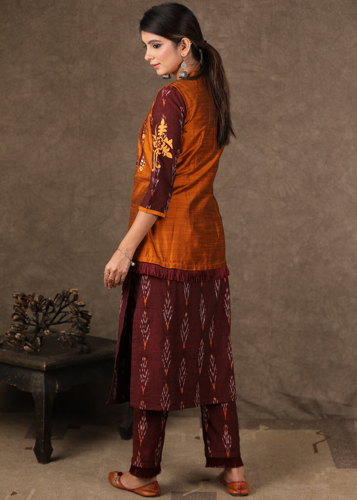 Stylish Maroon Ikat Kurta Pant Set with Cotton Silk Gota Work Jacket - 3 Piece (Kurta. Pants & Jacket Set)