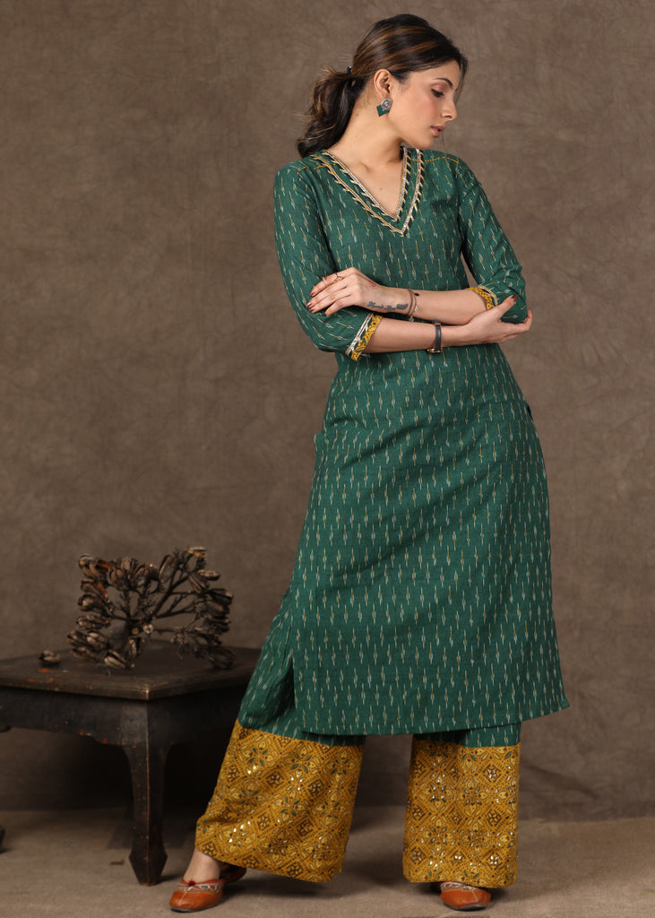 Green Ikat Kurta with Gota Patti Work, Matching Palazzo With Stone Work & Long Ajrakh Shrug- 3 Piece