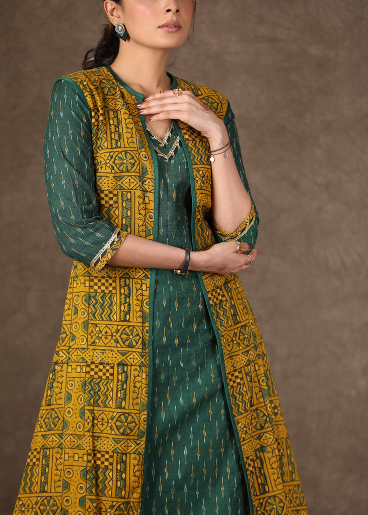 Green Ikat Kurta with Gota Patti Work, Matching Palazzo With Stone Work & Long Ajrakh Shrug- 3 Piece