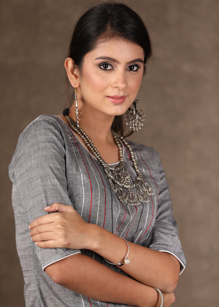 Red Grey Ikat Collared Shrug with Embroidered Kurta -2 Piece (Jacket & Inner Set) Pants Optional