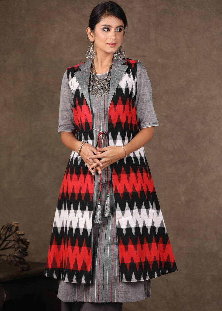 Red Grey Ikat Collared Shrug with Embroidered Kurta -2 Piece (Jacket & Inner Set) Pants Optional