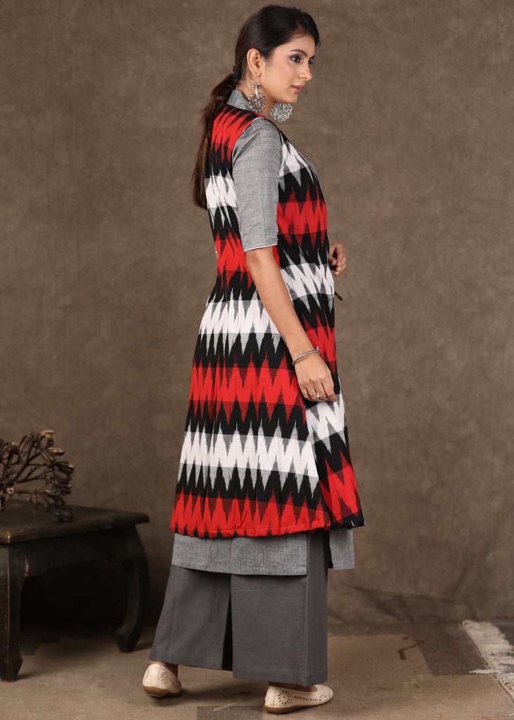 Red Grey Ikat Collared Shrug with Embroidered Kurta -2 Piece (Jacket & Inner Set) Pants Optional