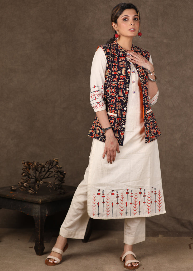 Exclusive Hand Painted Kurta with Ajrakh Nehru Jacket - 2 Piece (Kurta & Jacket Set) Pants Optional