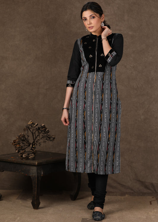 Black Ikat Kurta with Antique Gold Work on Velvet Yoke