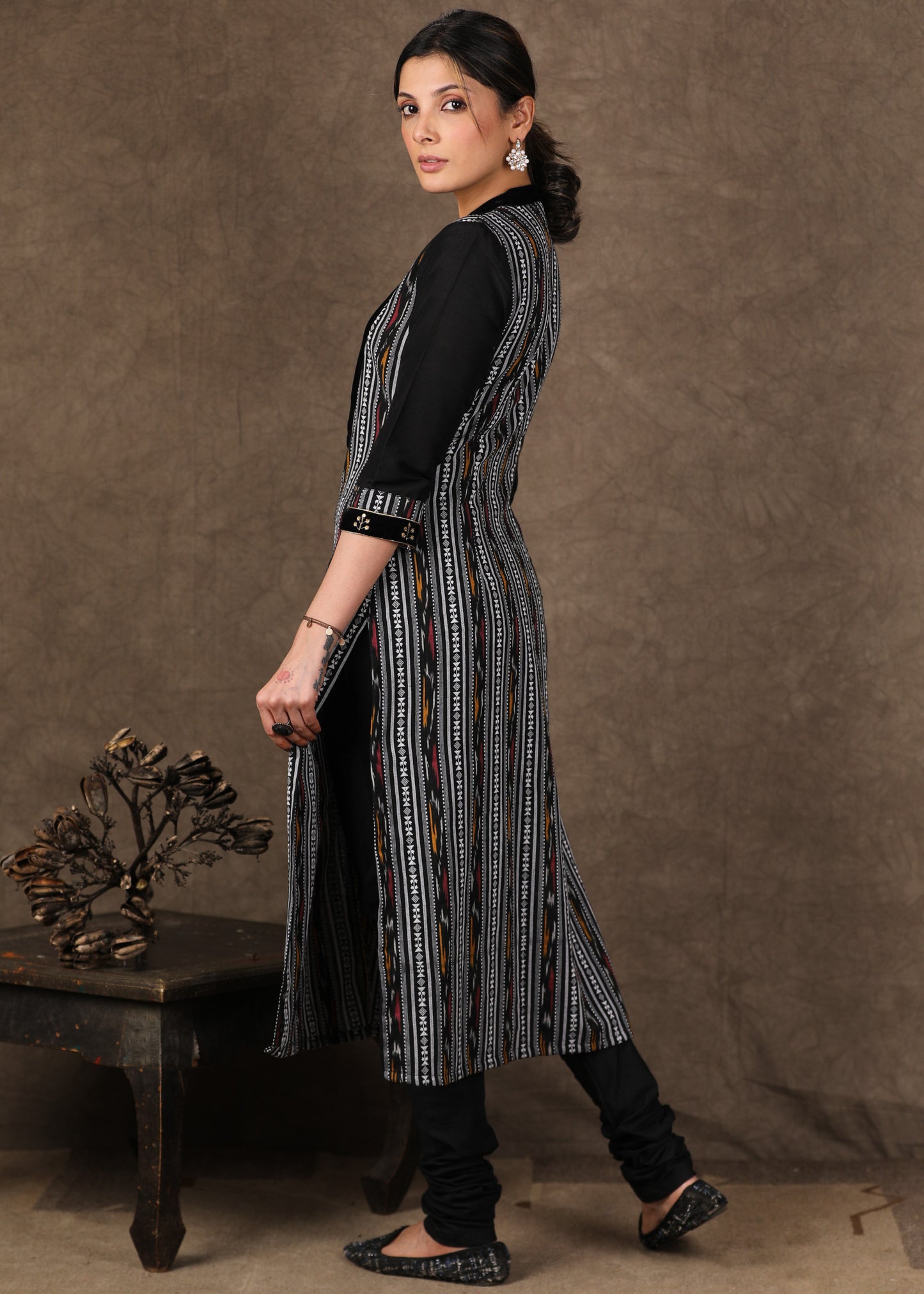 Black Ikat Kurta with Antique Gold Work on Velvet Yoke