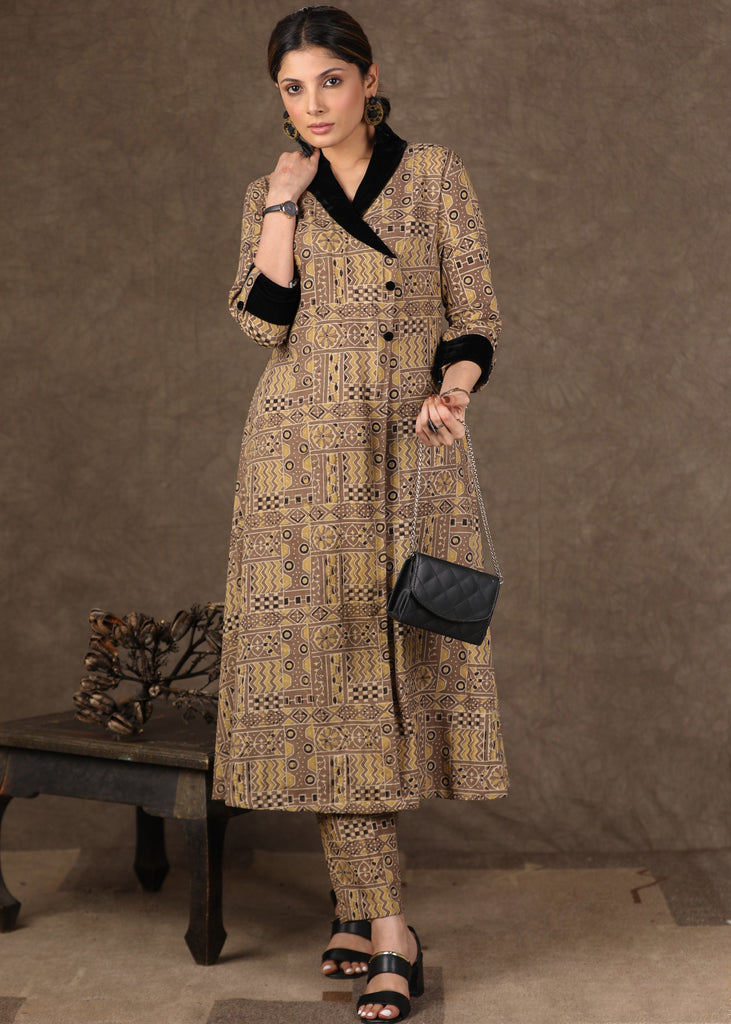 A Line Jacket Style Ajrakh Kurta with Velvet Detailing & Matching Pants - 2 Piece (Kurta & Pant Co-Ord Set)