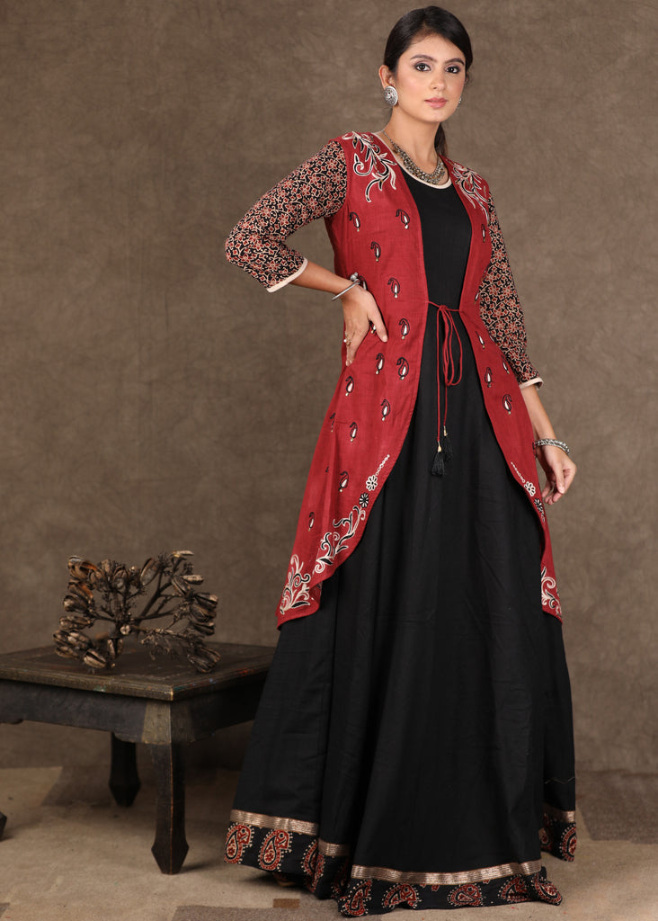 Black Flared Cotton Gown with Ajrakh Detailing & Embroidery on Jacket - 2 Piece (Gown + Jacket)