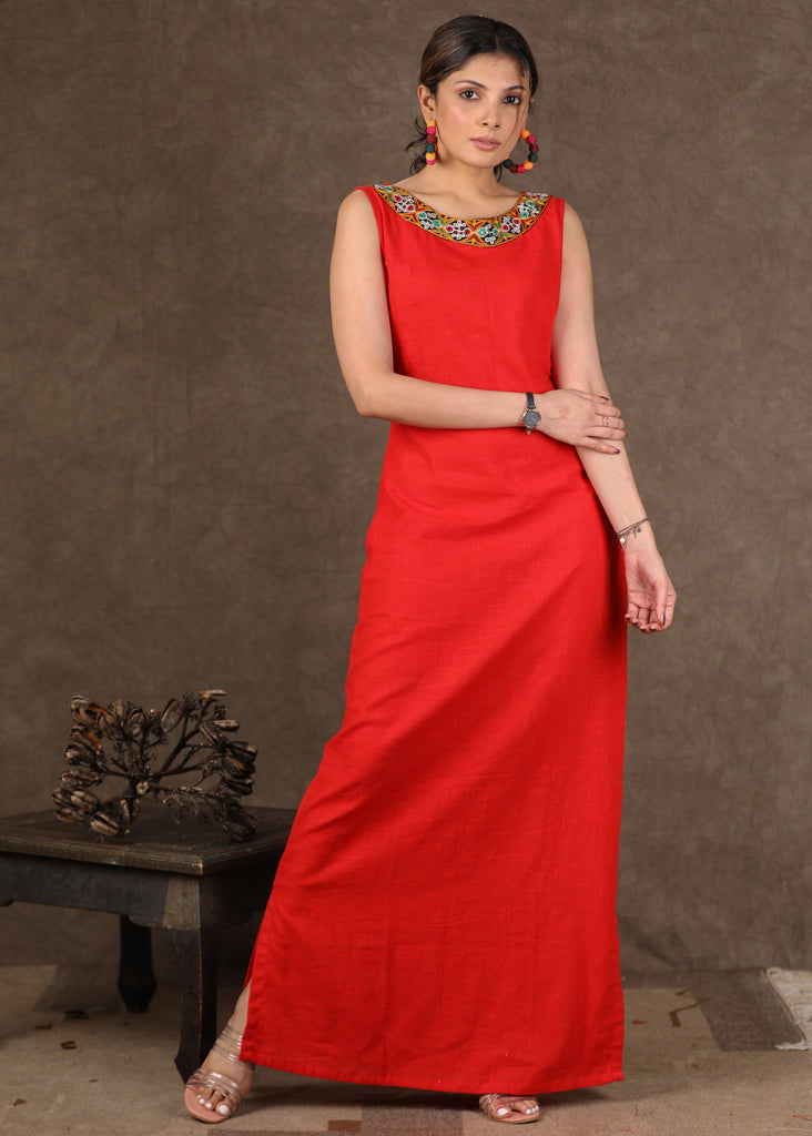Red Cotton Fitted Dress with Handmade Embroidery and Indigo Print Long Shirt Dress -2 Piece (Jacket & Long Dress Set)