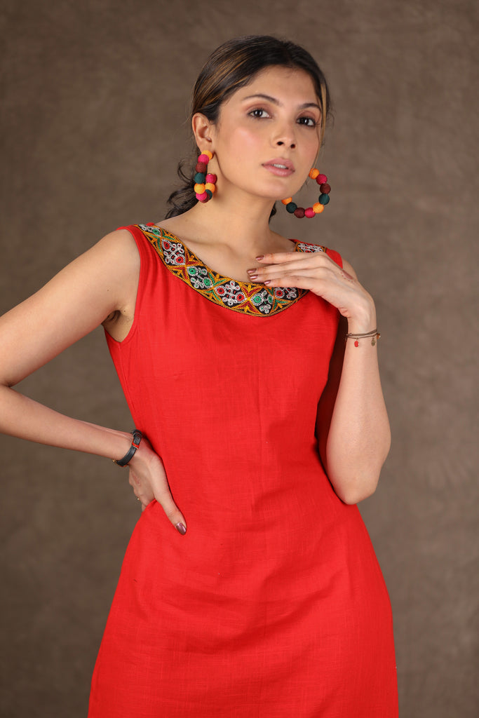 Red Cotton Fitted Dress with Handmade Embroidery and Indigo Print Long Shirt Dress -2 Piece (Jacket & Long Dress Set)