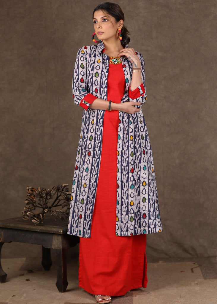 Red Cotton Fitted Dress with Handmade Embroidery and Indigo Print Long Shirt Dress -2 Piece (Jacket & Long Dress Set)