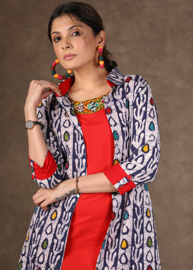 Red Cotton Fitted Dress with Handmade Embroidery and Indigo Print Long Shirt Dress -2 Piece (Jacket & Long Dress Set)