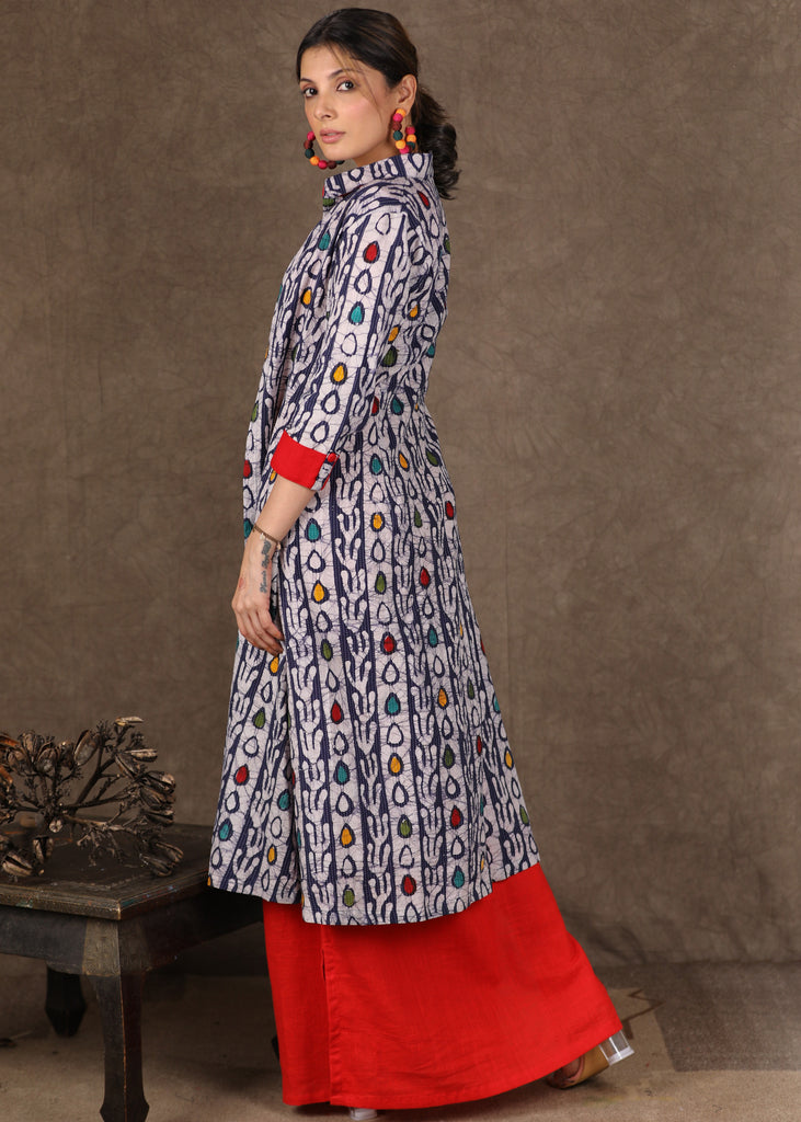 Red Cotton Fitted Dress with Handmade Embroidery and Indigo Print Long Shirt Dress -2 Piece (Jacket & Long Dress Set)
