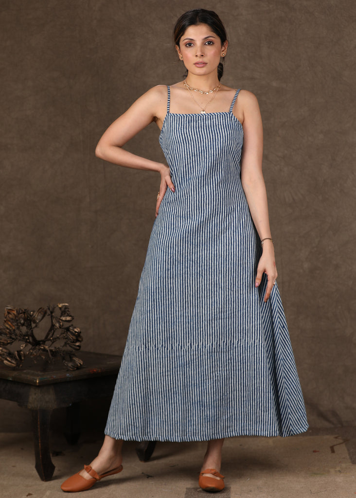 Indigo Stripe Dress with Indigo Ajrakh Shirt with Applique Work - 2 Piece (Jacket & Dress Set)