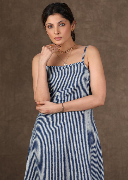 Classy Indigo Striped dress - Ajrakh Shirt optional