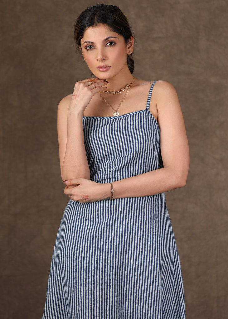 Indigo Stripe Dress with Indigo Ajrakh Shirt with Applique Work - 2 Piece (Jacket & Dress Set)