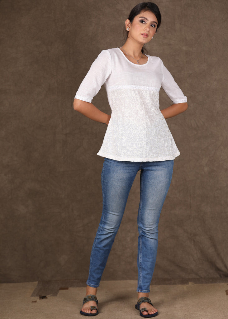White Embroidered Top with Beautifully Embroidered Indigo Shrug - 2 Piece (Jacket & Inner Set)
