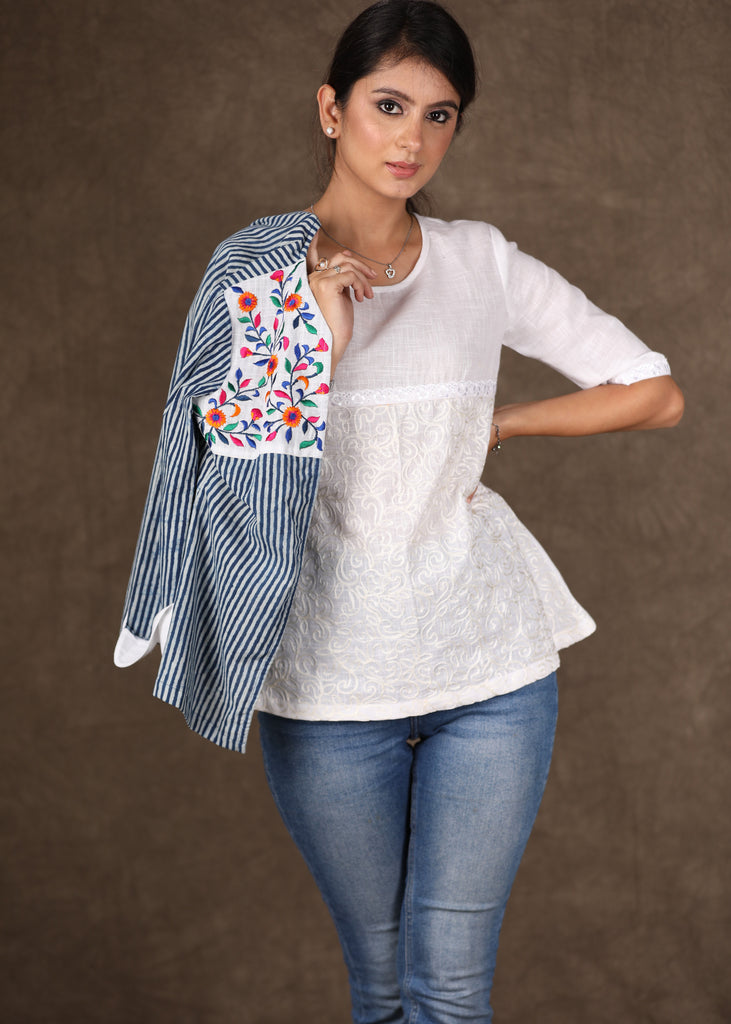 White Embroidered Top with Beautifully Embroidered Indigo Shrug - 2 Piece (Jacket & Inner Set)
