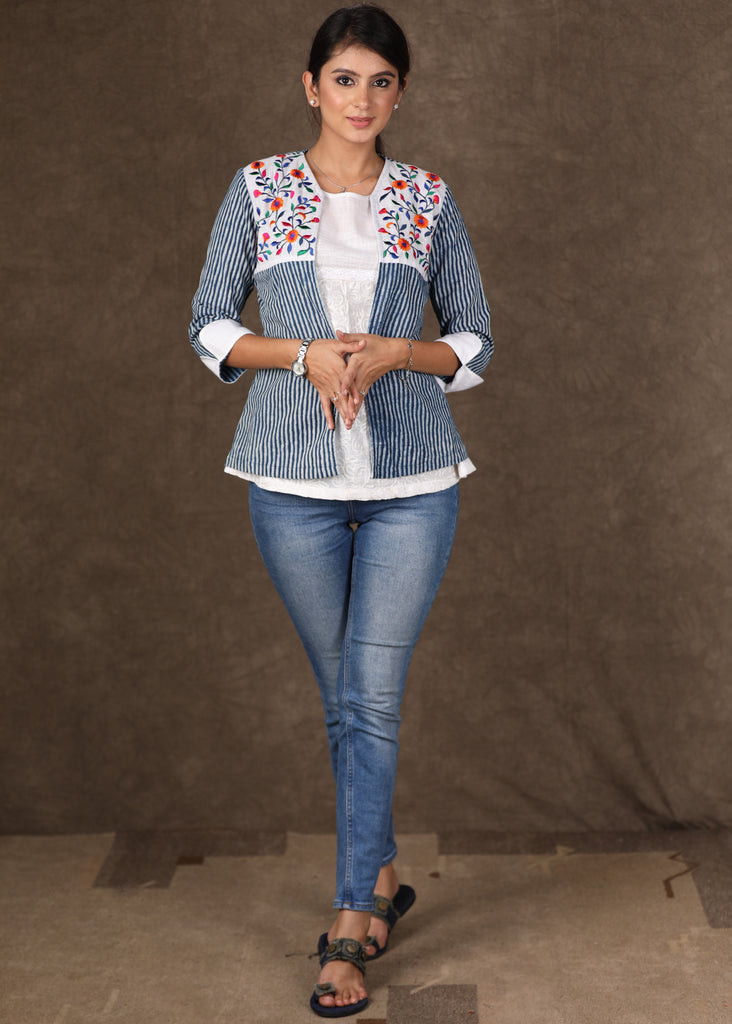 White Embroidered Top with Beautifully Embroidered Indigo Shrug - 2 Piece (Jacket & Inner Set)