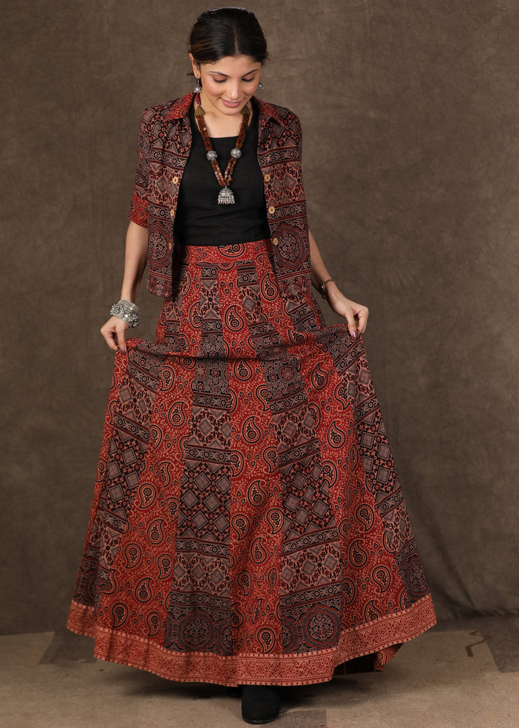 Ajrakh Mix & Match Pleated Skirt with Matching Top & Shrug - 3 Piece (Skirt, Top & Shrug Set)